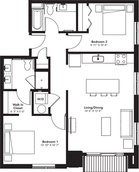 Floor plan for 2 beds, 2 baths, 988 sqft